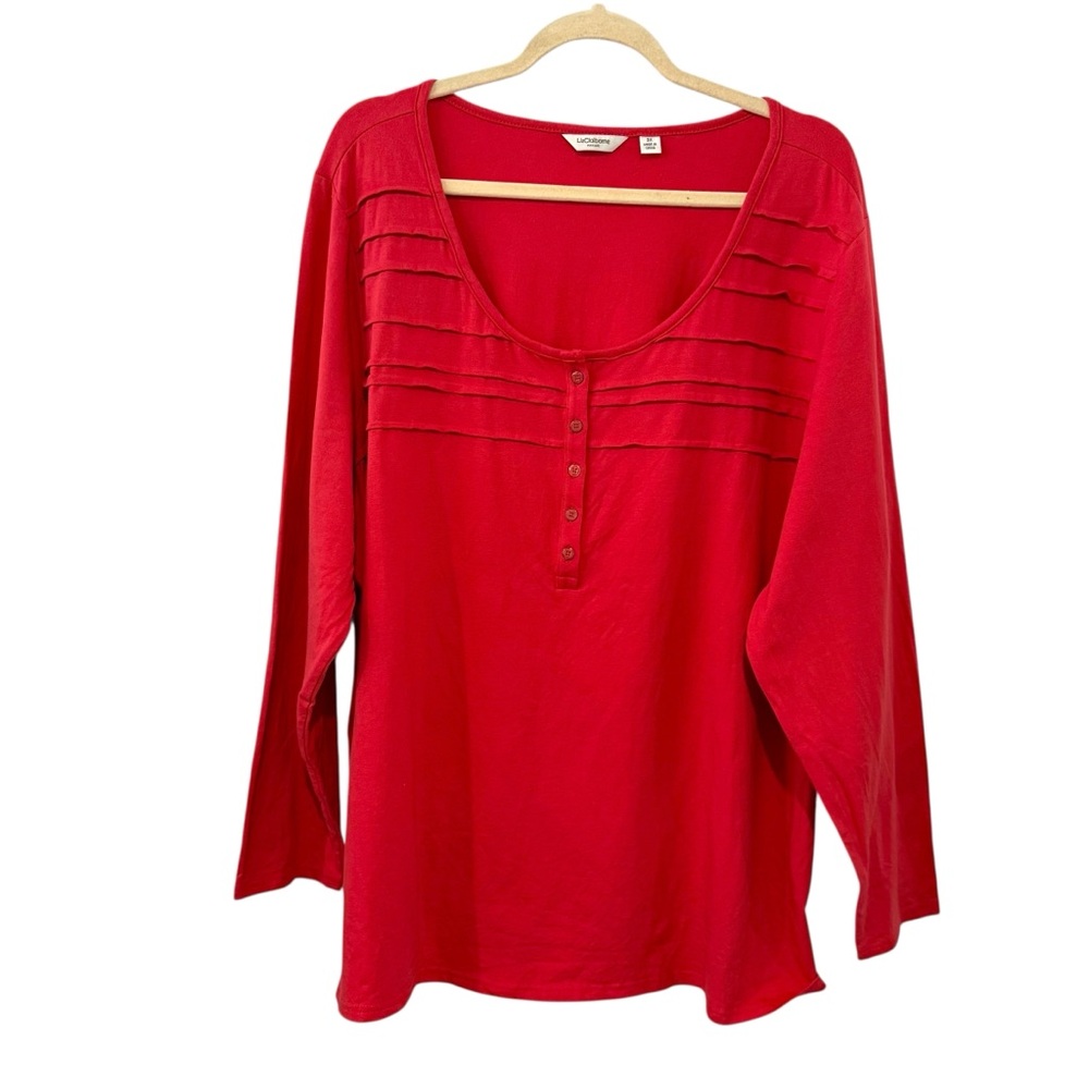 Liz Claiborne 3X Red Pintuck Henley Long Sleeve Top Plus Size Blouse